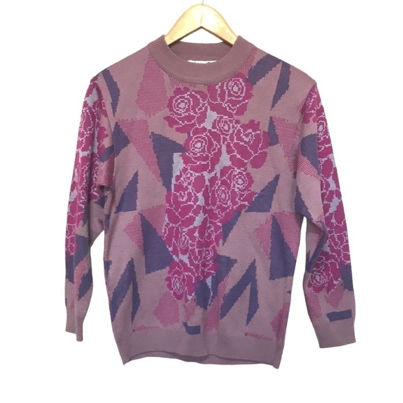 LION Vintage 80s high neck purple floral retro print sweater size Large - Picture 1 of 8